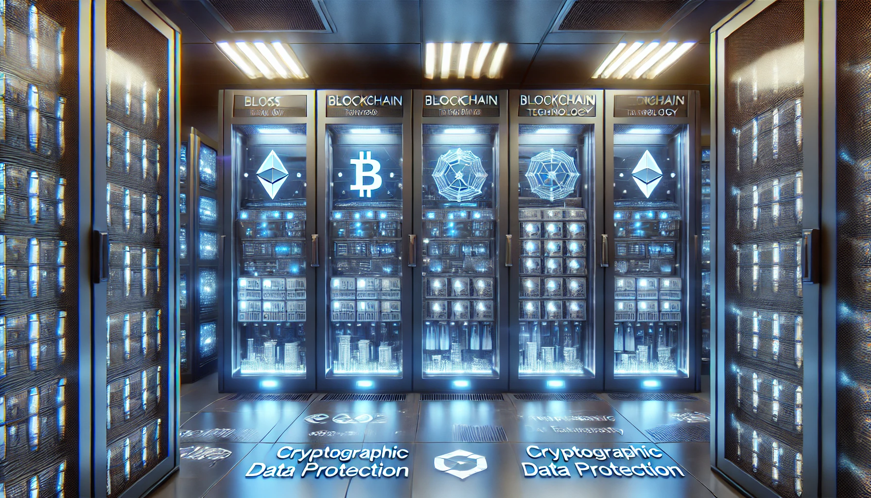 This image has an empty alt attribute; its file name is DALLE-2024-07-15-09.33.27-A-realistic-photo-showing-a-server-room-with-blockchain-technology.-The-servers-are-illuminated-with-blue-LED-lights-and-there-are-graphics-or-text-o.webp